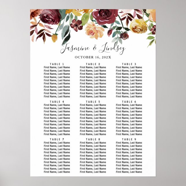 Burgundy Floral Nine Table Wedding Seating Chart P (Front)