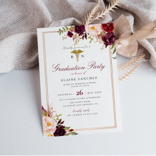 Burgundy floral nursing graduation party invitation