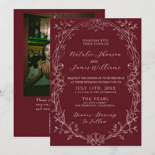 Burgundy Floral Old Money Photo QR Code Wedding Invitation