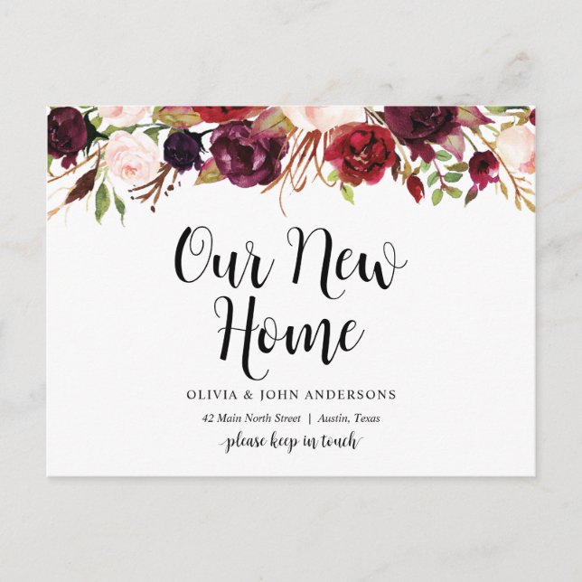 Burgundy floral, Our New Home Address Announcement Postcard (Front)