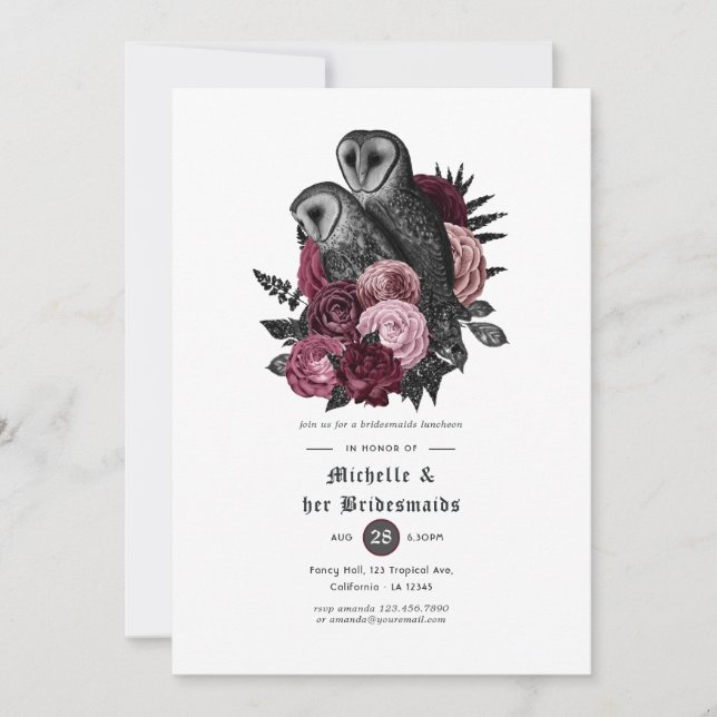 Burgundy Floral Owls Gothic Bridesmaids Luncheon Invitation (Front)