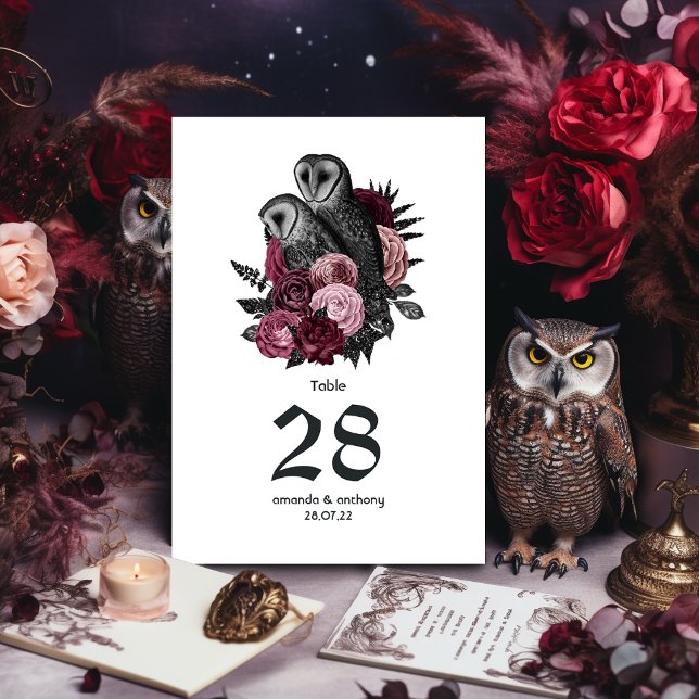 Burgundy Floral Owls Gothic Wedding Table Number (Creator Uploaded)