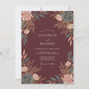 Burgundy Floral Painterly Wedding Invitation