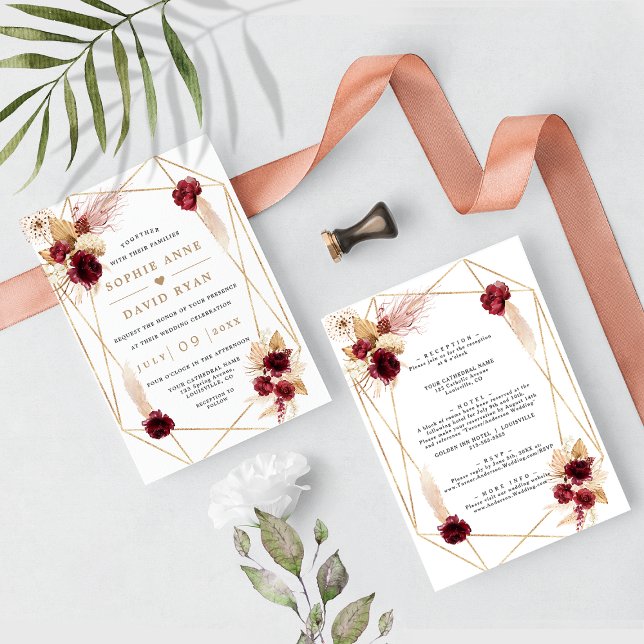 Burgundy Floral Pampas Grass All In One Wedding  Invitation (Creator Uploaded)
