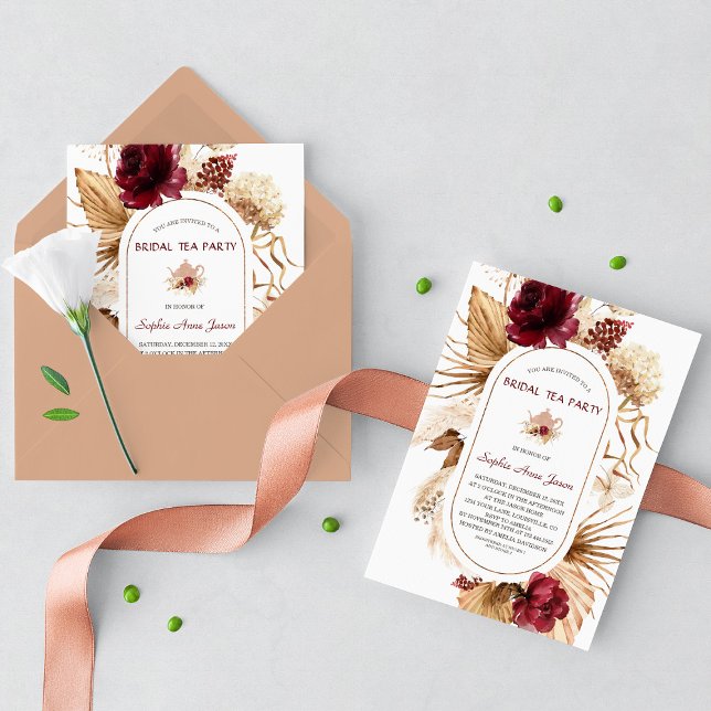 Burgundy Floral Pampas Grass Bridal Tea Party  Invitation (Creator Uploaded)