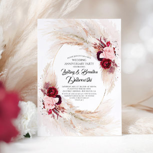 Burgundy Floral Pampas Grass Wedding Anniversary Invitation