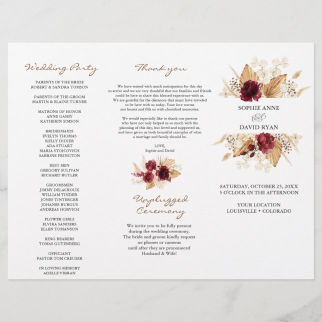 Burgundy Floral Pampas Grass Wedding Program Flyer (Front)