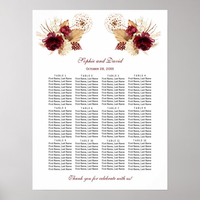 Burgundy Floral Pampas Grass Wedding Seating Chart (Front)