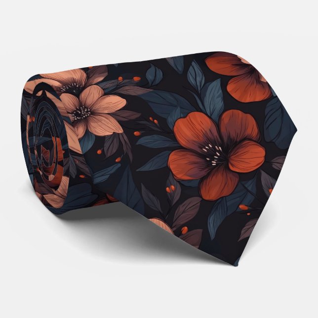 Burgundy floral pattern blooming flowers tie (Rolled)
