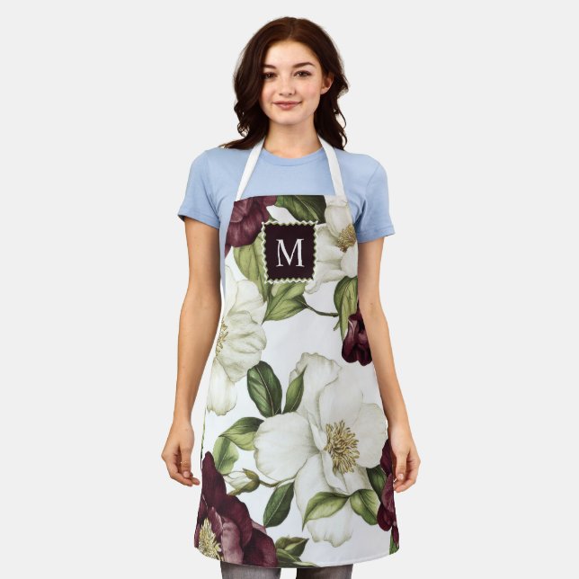 Burgundy  Floral Pattern Monogram Apron (Worn)