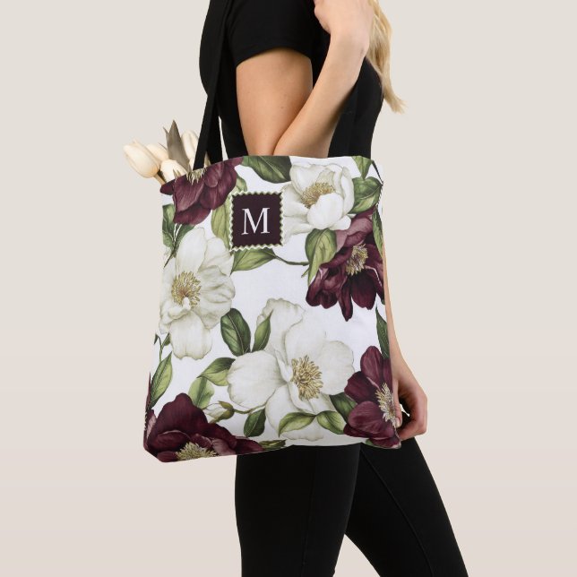 Burgundy  Floral Pattern Monogram Apron Tote Bag (Close Up)
