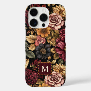 Burgundy  Floral Pattern Monogram iPhone 16 Pro Case