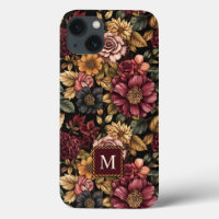 Burgundy Floral Pattern Monogram