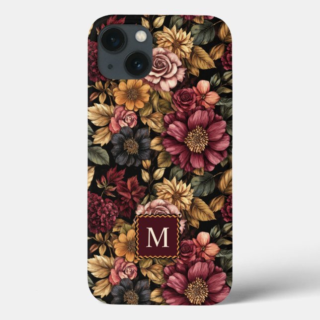 Burgundy  Floral Pattern Monogram Case-Mate iPhone Case (Back)