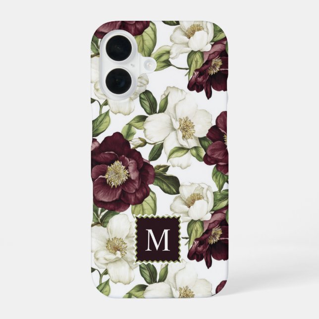 Burgundy  Floral Pattern Monogram  iPhone 16 Case (Back)