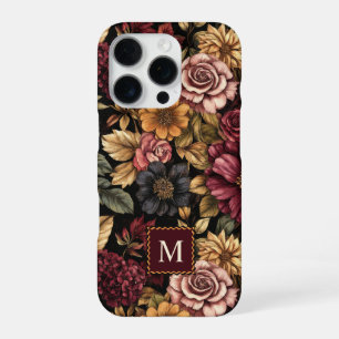 Burgundy Floral Pattern Monogram iPhone 16 Pro Case