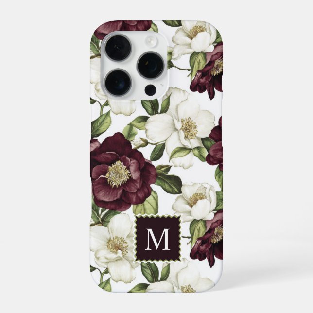 Burgundy  Floral Pattern Monogram  iPhone Case (Back)