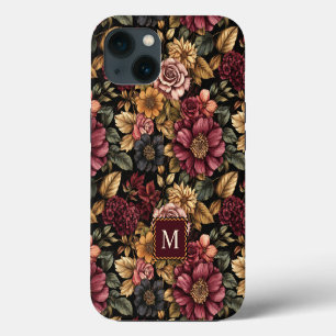 Burgundy Floral Pattern Monogram iPhone 13 Case