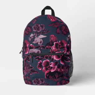 Burgundy Floral Pattern Navy Blue Printed Backpack