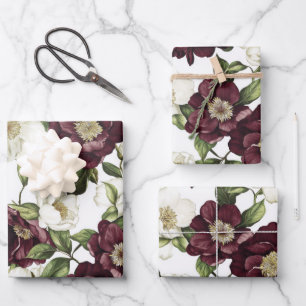 Burgundy  Floral Pattern  Wrapping Paper Sheet