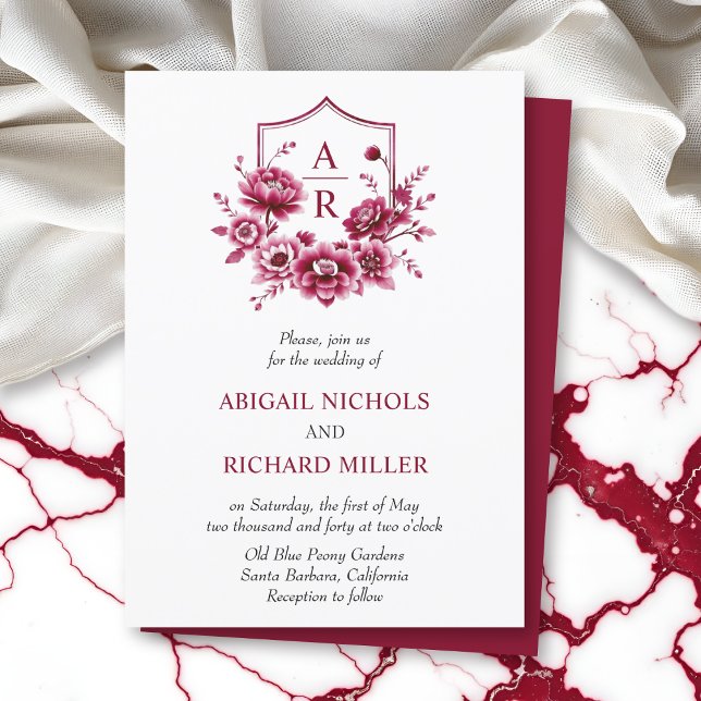 Burgundy floral peony flower crest wedding invitation (Creator Uploaded)