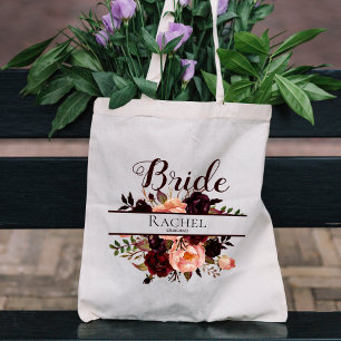 Burgundy Floral   Personalised Bride Wedding Tote Bag