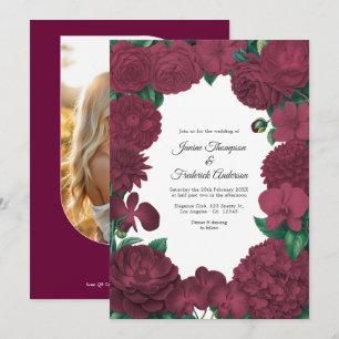 Burgundy Floral Photo and QR Code Wedding Invitation