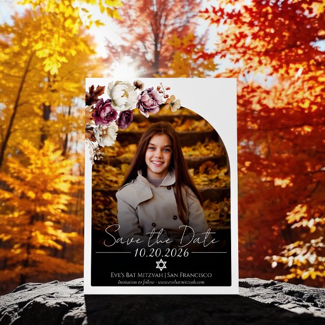 Burgundy Floral Photo Bat Mitzvah Save the Date Invitation (Creator Uploaded)