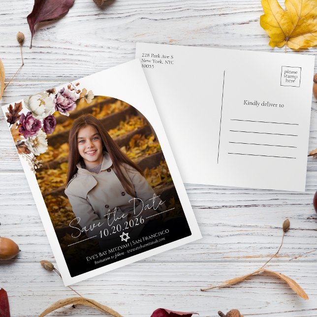 Burgundy Floral Photo Bat Mitzvah Save the Date Postcard (Creator Uploaded)