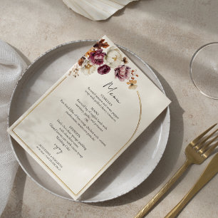 Burgundy Floral Photo Fall Wedding Menu Card