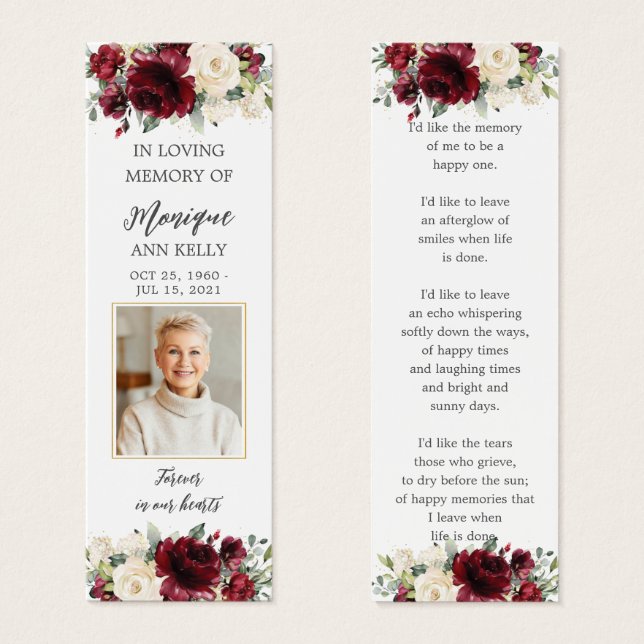 Burgundy Floral Photo Funeral Memorial Bookmark (Front & Back)