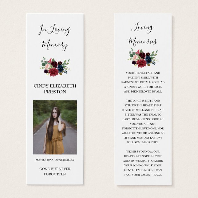 Burgundy Floral Photo Funeral Poem Bookmark Cards (Front & Back)