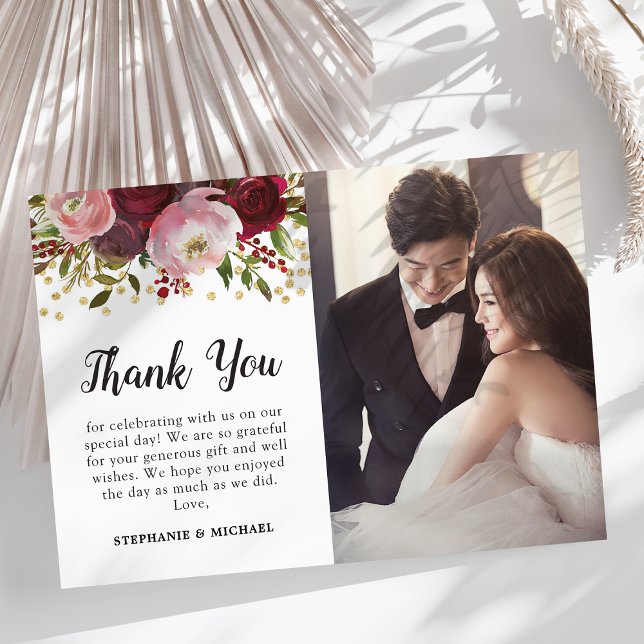 Burgundy Floral Photo Wedding Thank You (Creator Uploaded)