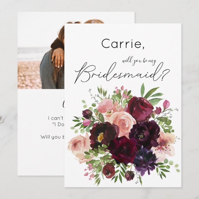 Burgundy Floral & Photo Will You Be My Bridesmaid? Invitation (Front/Back)
