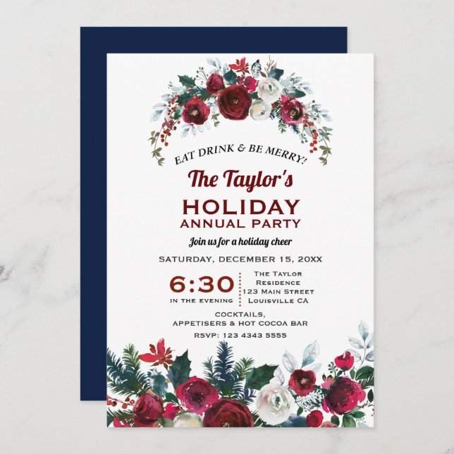 Burgundy Floral Pine Holiday Annual Party Invitation (Front/Back)