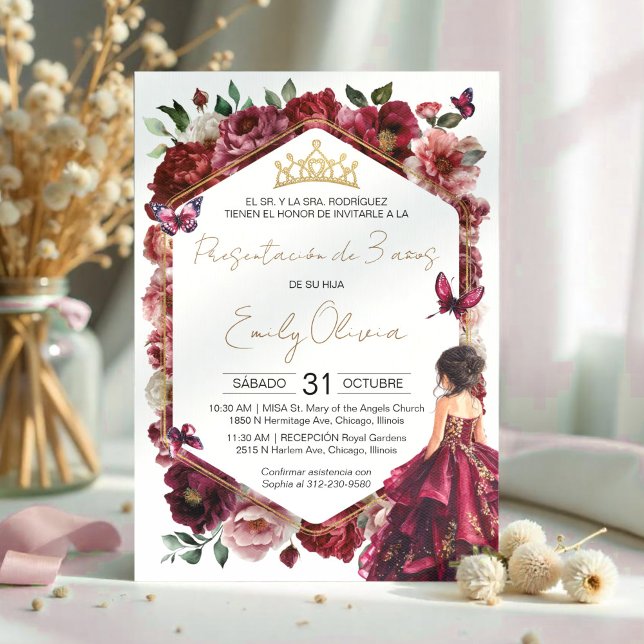 Burgundy Floral Presentación de 3 años Invitation (Creator Uploaded)