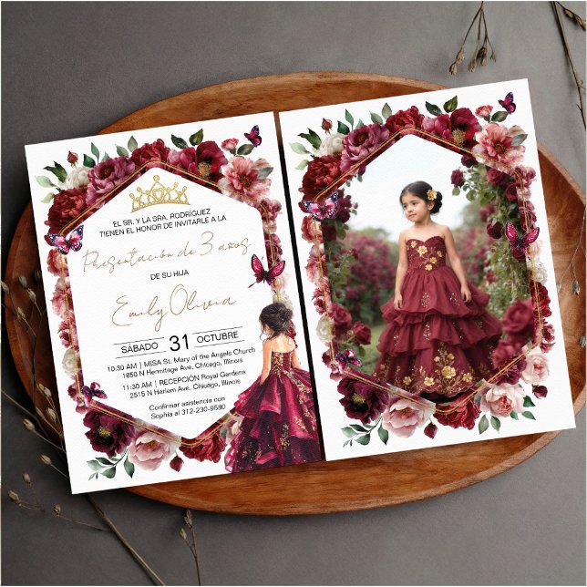 Burgundy Floral Presentación de 3 años Photo Invitation (Creator Uploaded)
