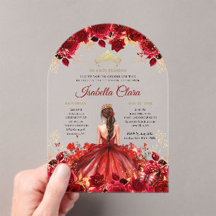 Burgundy Floral Princess Gold Quinceanera Acrylic Invitations