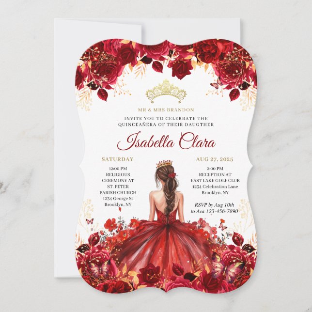 Burgundy Floral Princess Gold Quinceanera Invitati Invitation (Front)