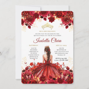 Burgundy Floral Princess Gold Quinceanera Invitati Invitation