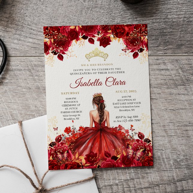 Burgundy Floral Princess Gold Quinceanera Invitation (Creator Uploaded)