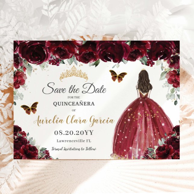 Burgundy Floral Princess Gold Quinceañera Sweet 16 Save The Date (Creator Uploaded)