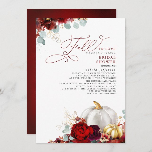 Burgundy Floral Pumpkin Fall In Love Bridal Shower Invitation (Front/Back)