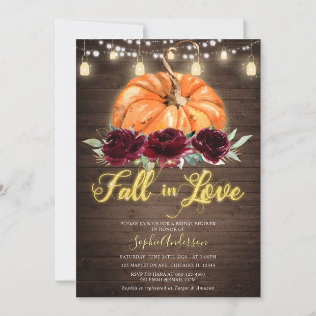 Burgundy Floral Pumpkin Fall in Love Bridal Shower Invitation (Front)