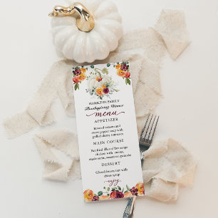 Burgundy Floral Pumpkin Thanksgiving Dinner Menu
