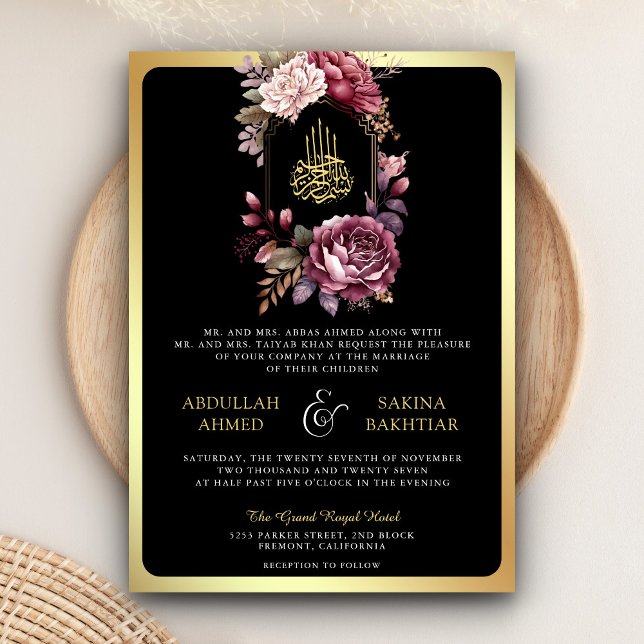 Burgundy Floral QR code Black Gold Muslim Wedding Invitation (Creator Uploaded)