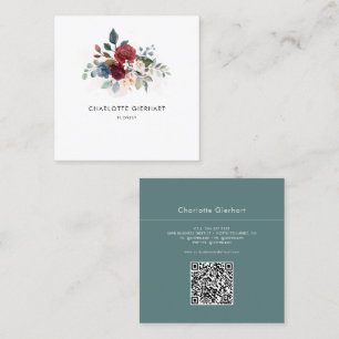 Burgundy Floral QR Code Greenery Florist Square Business Card