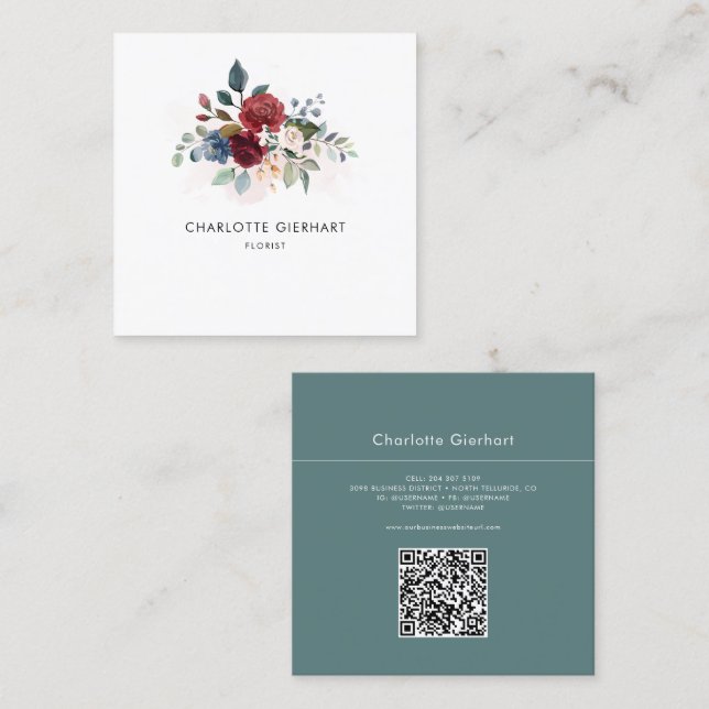 Burgundy Floral QR Code Greenery Florist Square Business Card (Front/Back)
