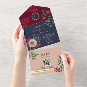 Burgundy Floral QR Code Wedding All In One Invitation
