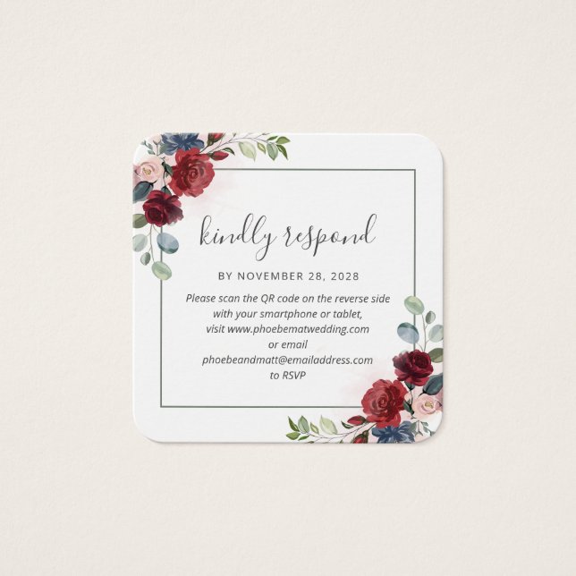Burgundy Floral QR Code Wedding Website RSVP (Front)